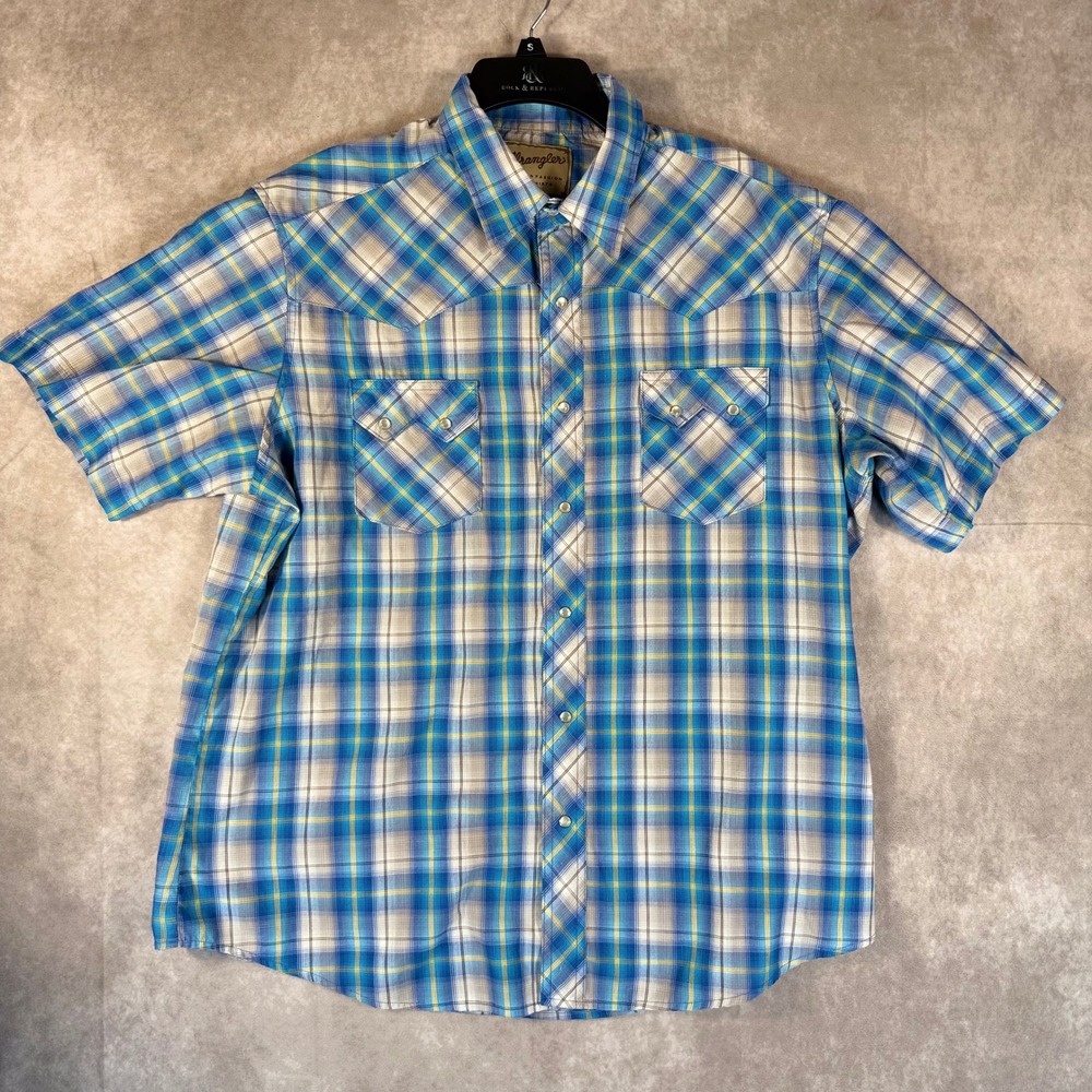 Wrangler Shirt Mens XL Blue Plaid Short Sleeve Western Pearl Snap Rancher Cowboy